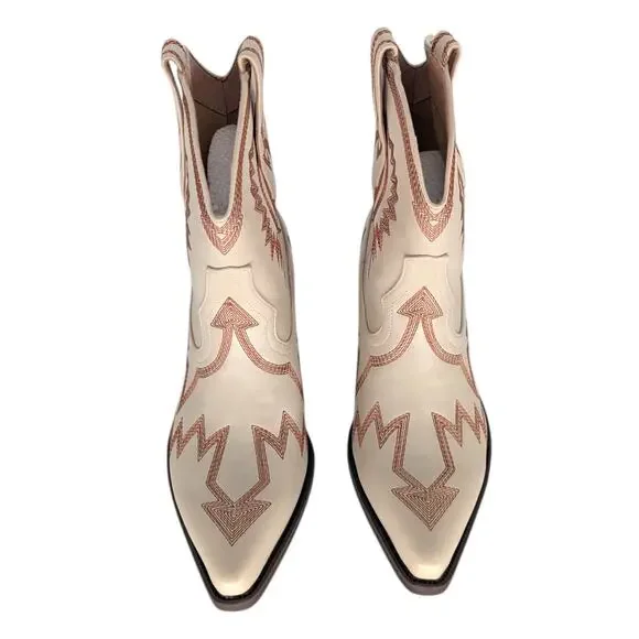 Hochfart Cream Western Ankle Boots Embroidered Leather Size 10 New - Picture 2 of 8